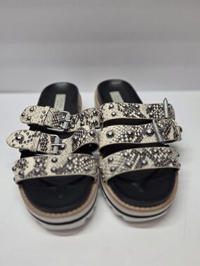 Steve Madden Snake-Print Studded Platform Slide Sandals - Black/Beige